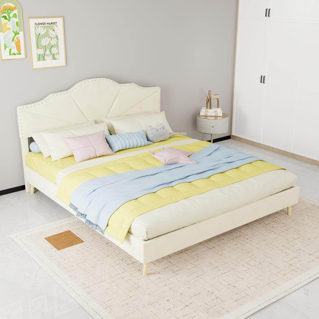 Modern minimalist soft bed, comfortable and soft headboard, 160*200CM, beige, low box bed frame does not include gas rod, does not include mattress.