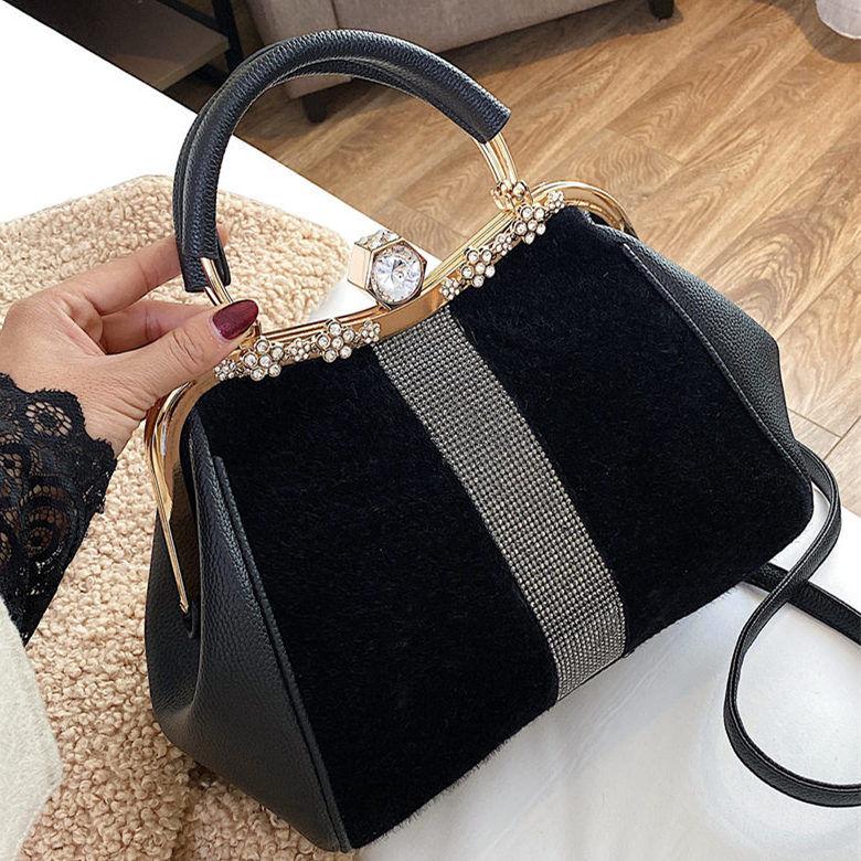 Сумка женская сумка для ужина сумка через плечо с бриллиантовым мехом сумка портативная сумка через плечо сумка с зажимом черная сумка большой вместимости