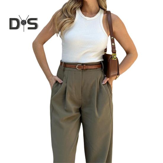 Женские костюмные брюки с высокой талией и пуговицами на молнии, однотонные брюки свободного покроя с карманами, длинные брюки в повседневном стиле