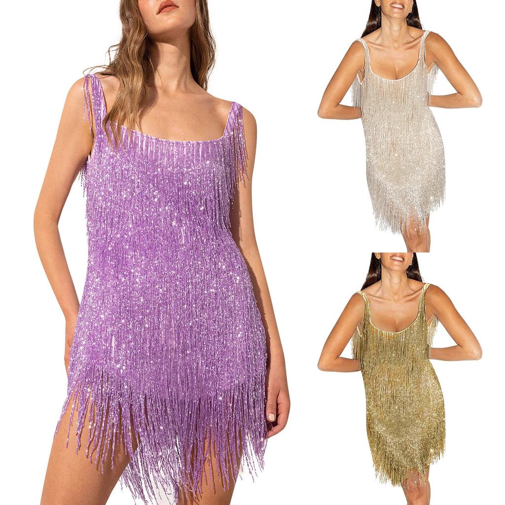 Women's Solid Color Sleeveless Sling Tassel Style Dress Dress