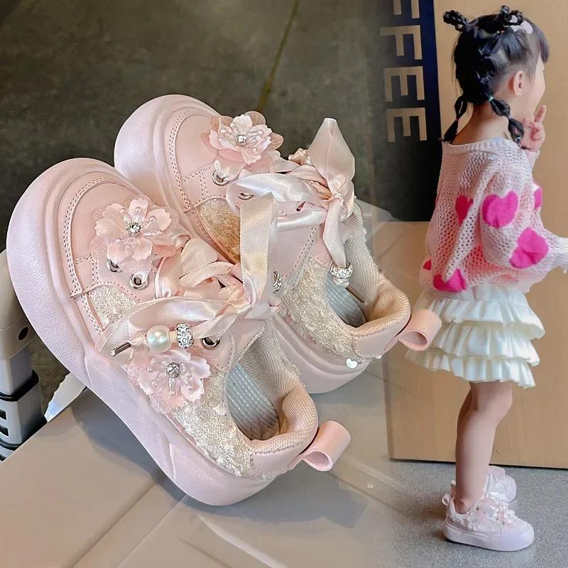 Girls Sports Shoes Chinese Style Kids Casual Shoes with Sweet Flowers 2024 Autumn New Girls Princess Shoes with Cute Ribbon Bow