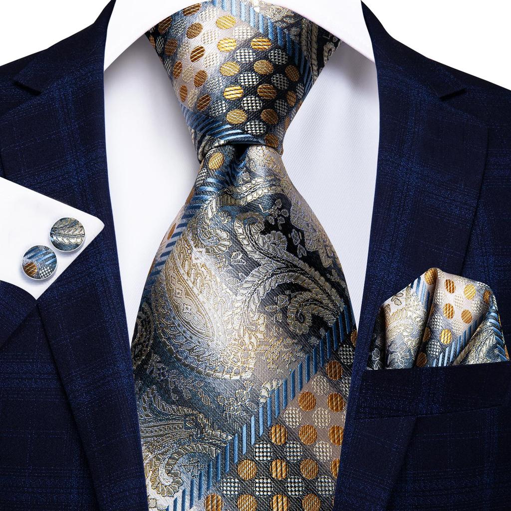 Paisley Mens Blue Tie Set Silk Woven Necktie Handkerchief Cufflinks Wedding Gift