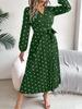 V Neck Printed Overlapping Dress Waist Hugging  Elegant Pleats Wave Point Dress for Women Long Sleeve Loose Dresses Causal Dress