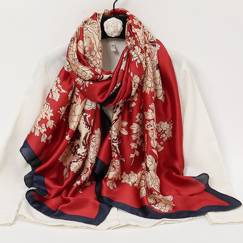 Floral Printed Imitation Silk Satin Scarf Elegent Sunscreen Shawl Beach Travel Head Wrap Women Outdoor Windproof Hijab180*90Cm