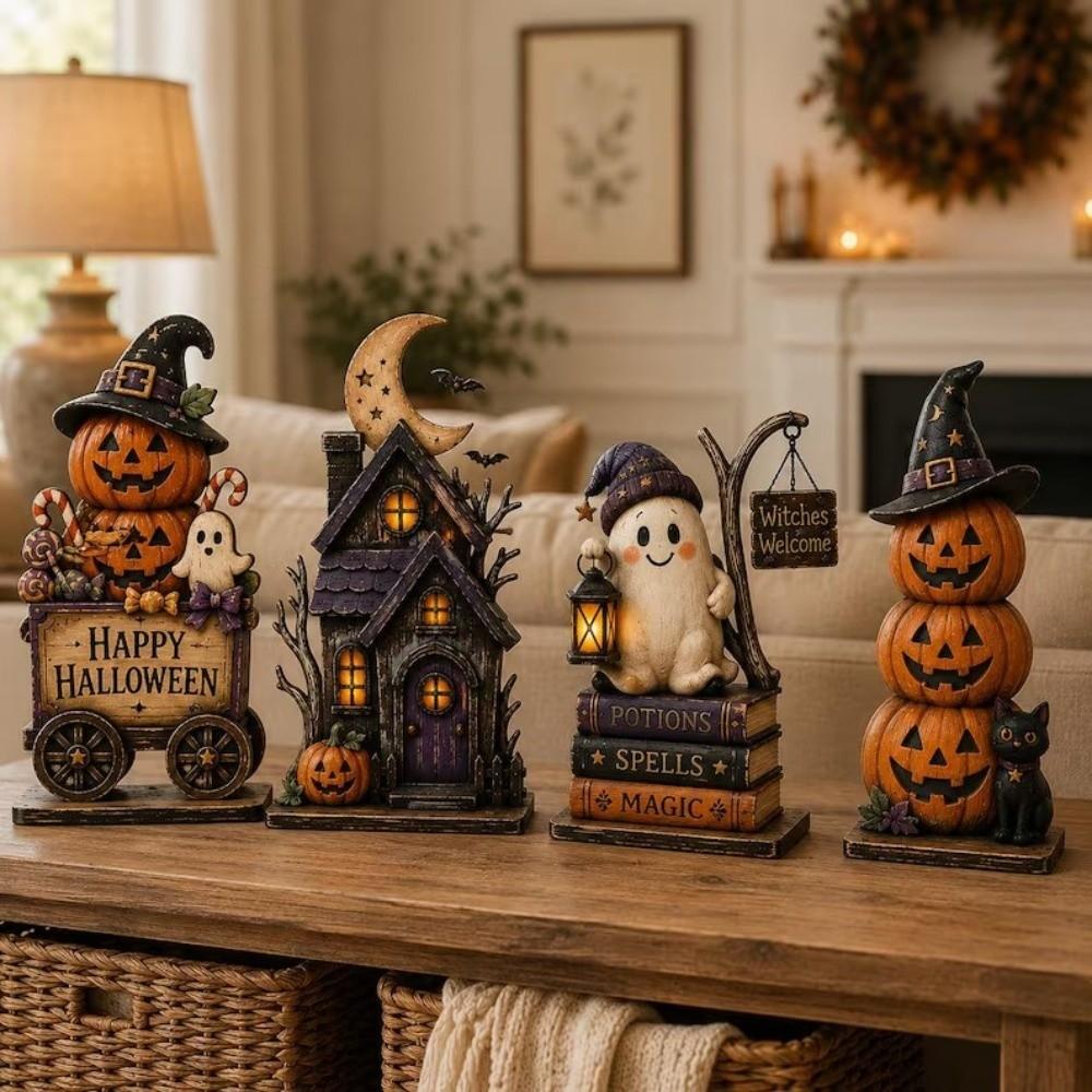 Vintage Wood Haunted House Statue 2D Flat Stacked Pumpkin Cart Ornament Mantel Decor