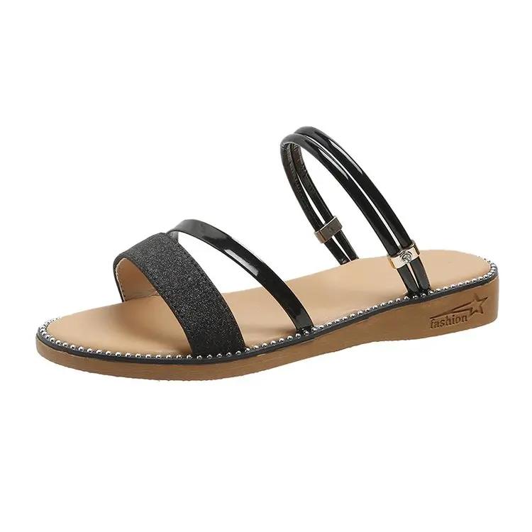 2024 Лето Новые Золотые плоские женские туфли Женские повседневные босоножки на танкетке с низким каблуком Черные Красные Модные удобные босоножки