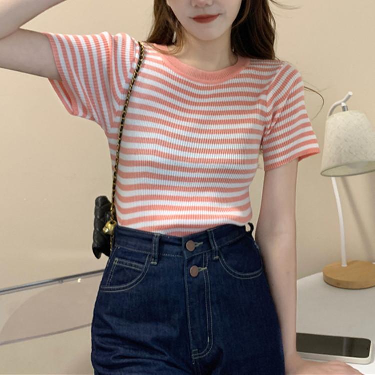 Футболка с круглым вырезом и короткими рукавами, женская летняя, с высокой талией, тонкая, в полоску, узкая, короткая, трикотажная, повседневная, облегающая, свитера, футболки