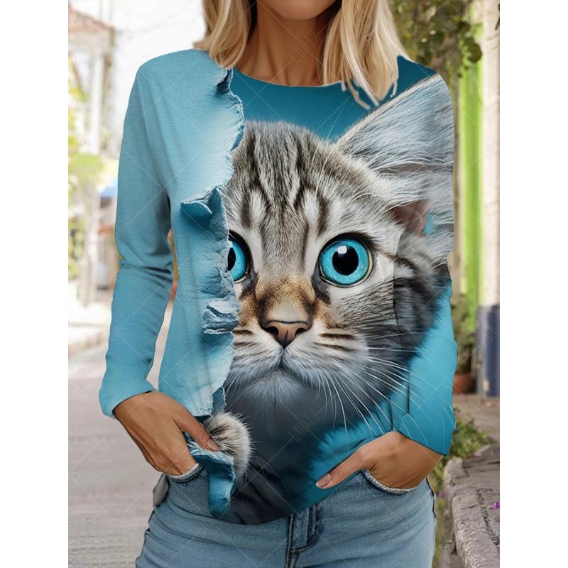 Круглый вырез с принтом 3D Cat Top Модные повседневные длинные рукава женские футболки