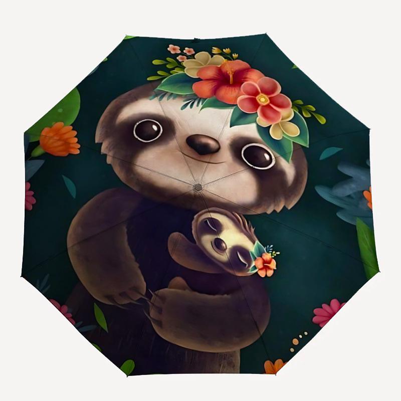 1pc Sloth Floral Automatic Open/Close Umbrella, Portable Folding Umbrella for Travel, Themed Events005