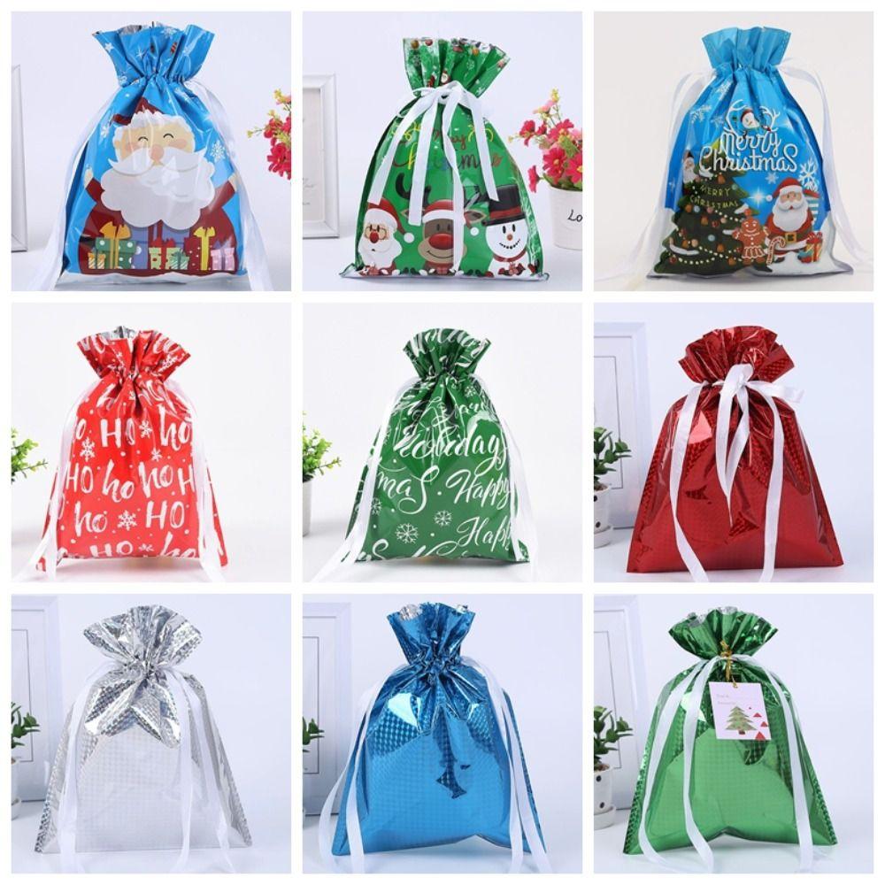 5Pcs Drawstring Gift Bag Santa Claus Snowman Candy Cookie Packaging Bag Christmas Candy Bags
