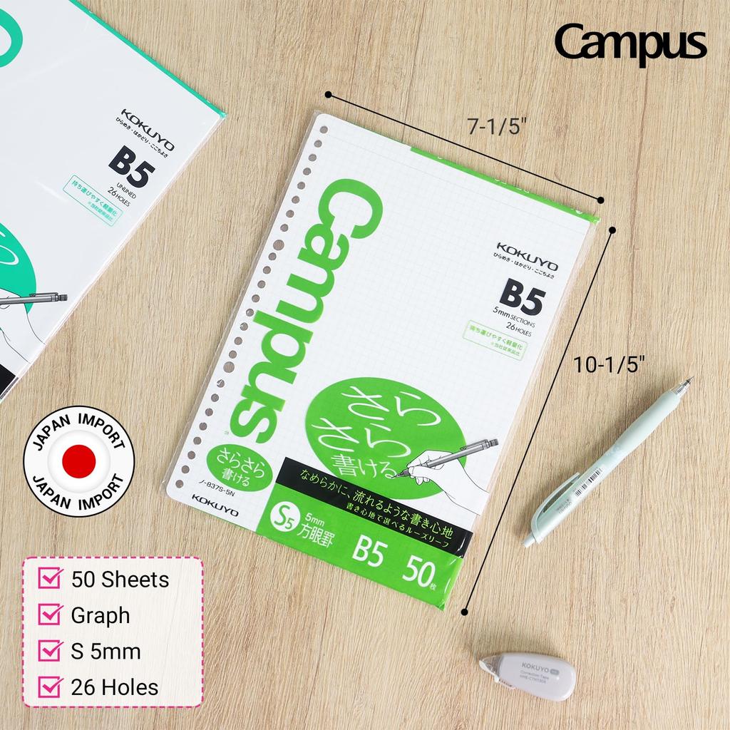Kokuyo Campus Paper for Smooth B5 5mm 26 50 pH 5 Sheets Per Imported from Japan Loose-Leaf Binders, Writing, Size, Grid, Holes, Sheets, Neutral,