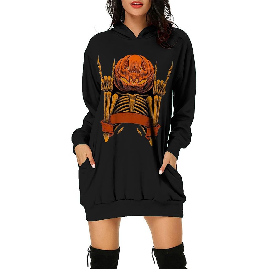 Women's And Winter Hooded Sweatshirt Dress Halloween Print Dress