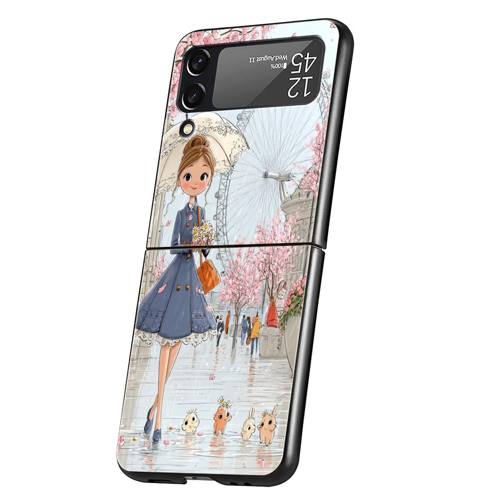 Жесткий ПК чехол для телефона Samsung Galaxy Z Flip 7 6 5 4 Черная крышка для Galaxy Z Flip 3 Складной противоударный Capas Мультяшная девушка Сумки