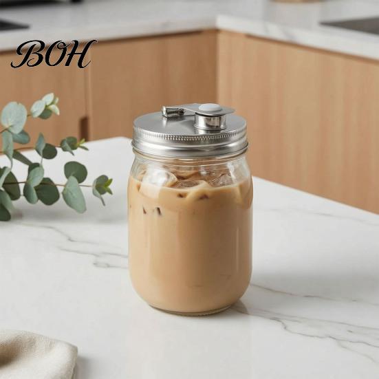Outdoor Picnic Jar Lids Stainless Steel Mason Lids, Leak-Proof Wide Mouth Canning with Protein Shake Silicone Seal, Reusable Metal Drinking