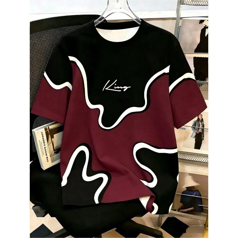 European and American men's summer spliced striped letter print soft and breathable round neck T-shirt outdoor casual top