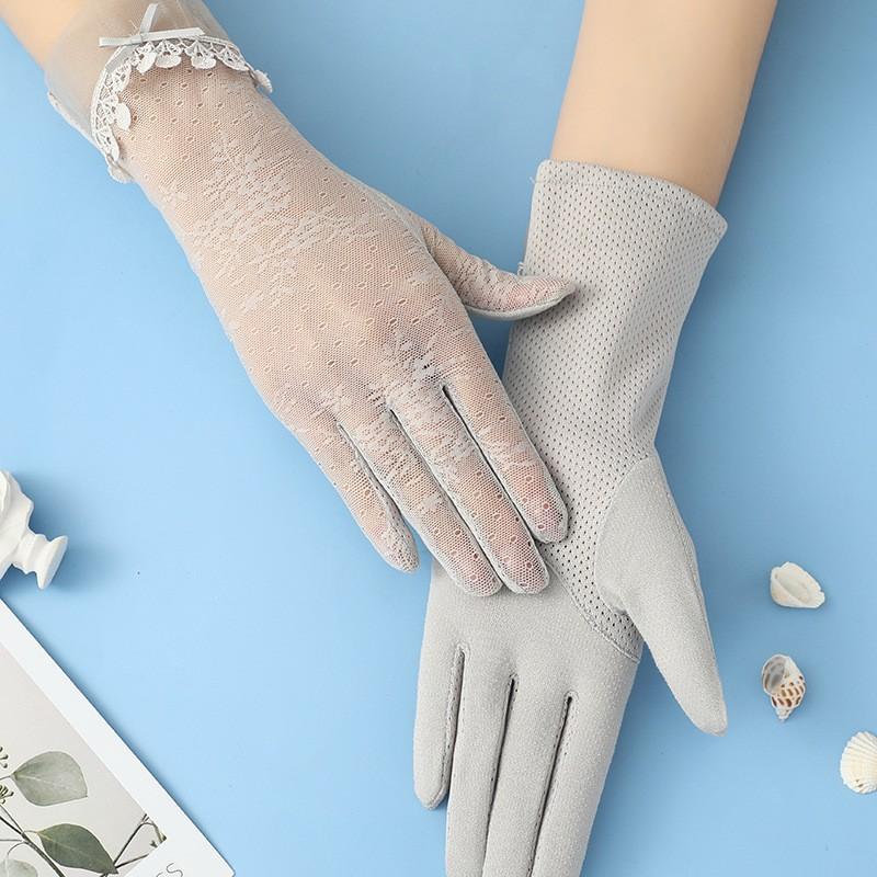 Солнцезащитные кружевные перчатки, весенние перчатки с бантом, перчатки для сенсорного экрана, женские дышащие уличные перчатки для вождения, летние перчатки для велоспорта