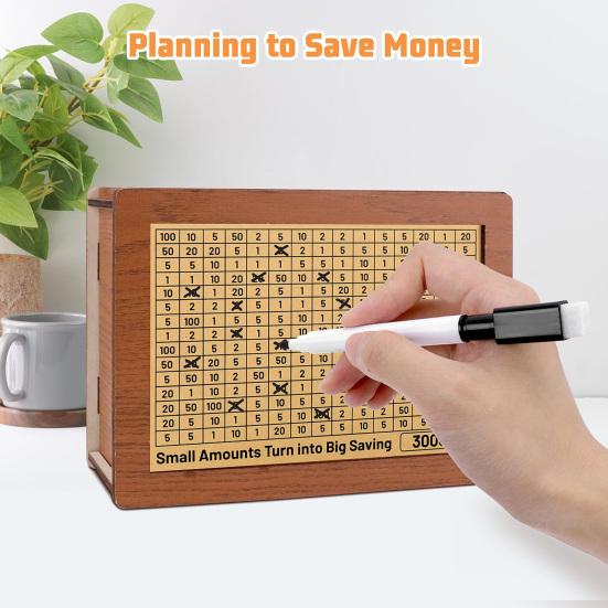 Wooden Money Saving Box Piggy Bank with Customizable Savings Goals Sticker Money Saver for Kids Adults