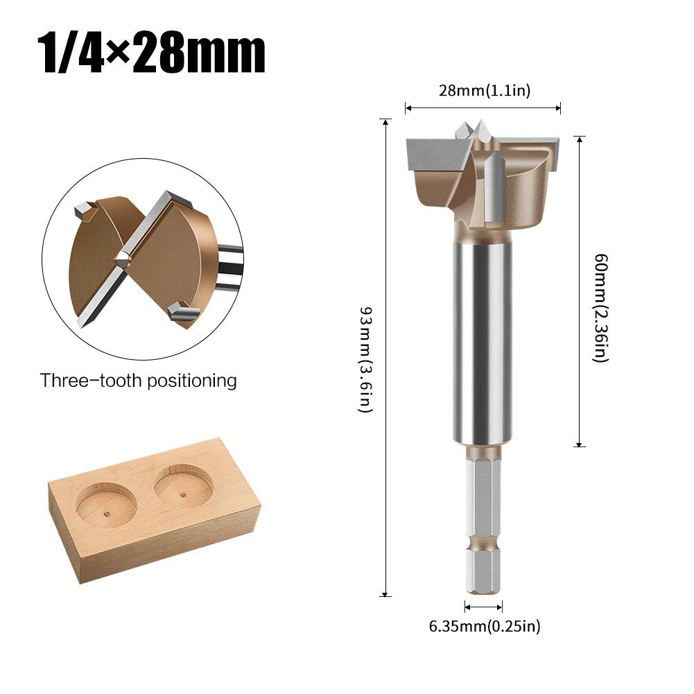 10mm to 50mm Professional Hexagonal Shank Woodworking Hinge Boring Bit Tungsten Carbide Blade Three-Tooth Double Blade Design