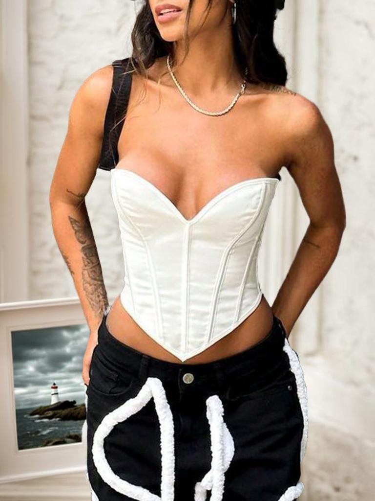 Rose Beauty A Elegant White Seam Decor Lace-Up Back Backless Hanky Hem Overbust Corset Shapewear Party Clubwear Crop Tube Top Valentine Outfit