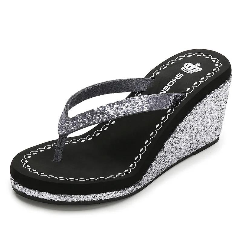 Fashion Summer Platform Women Slippers High Heel Wedges Slides Sequins Rhinestones Ladies Flip Flops Casual Female Sandals Sexy Shoes