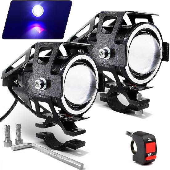 Motorcycle LED Fog Lights U7 Spotlight Daytime Running Lights With Red Angel Eyes Halo Ring And ON/Off Toggle Switch 2-Sets