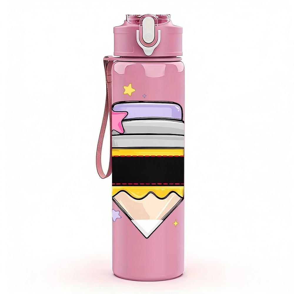1PC Color Pencil Stack School Art Print 750ml Color Plastic Sports Water Bottle Leakproof Flip Straw Lid Suitable for Sports Office Home Use