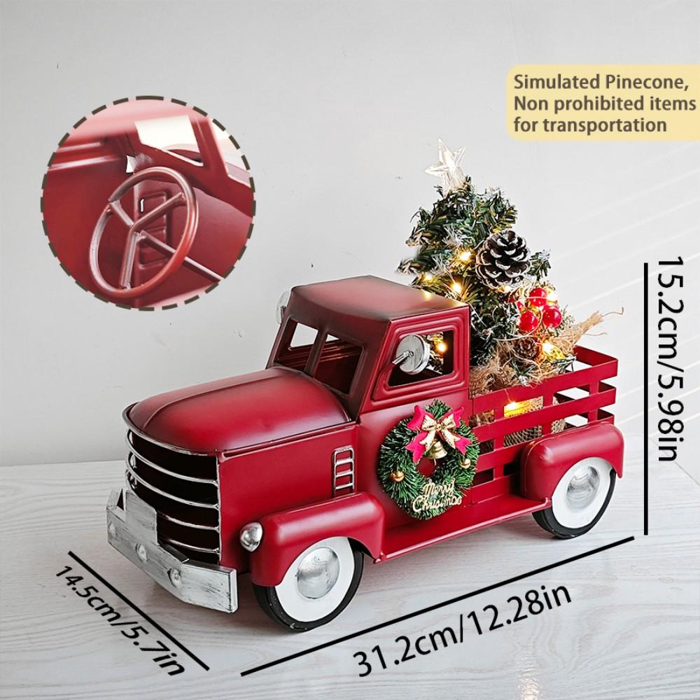 Vintage Christmas Red Truck Decoration, Warm White Twinkling Lights, Country Farmhouse Pickup Truck, Truck with Christmas Tree