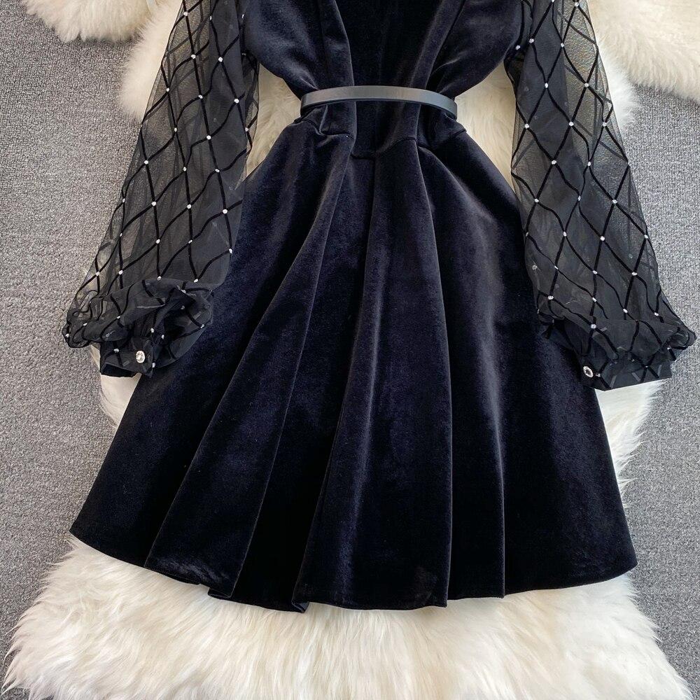 Осенне-зимняя французская ретро-темпераментная бархатная юбка с квадратным воротником и марлевыми рукавами, тонкая бархатная юбка с талией