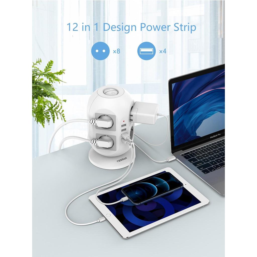 Tessan Удлинитель Tower Вертикальная защита от перенапряжения Вилка европейского стандарта Несколько розеток с переключателем 8 розеток 4 порта USB Удлинительный кабель длиной 2 м