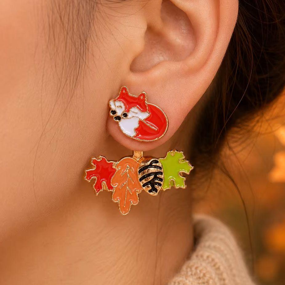 Cute Autumn Fox Drop Earrings for Women Y2K Orange Green Leaf Gold Color Enamel Animal Stud Earrings Fall Party Jewelry Gift
