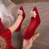 Wedding Shoes Women's Pointed Wedding Bride Shoes 2024 New Chinese Thick Heel Single Shoes Xiuhe Rhinestone Red High Heels