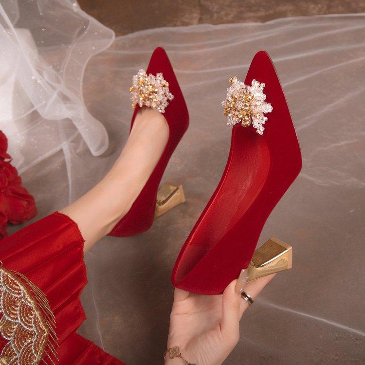 Wedding Shoes Women's Pointed Wedding Bride Shoes 2024 New Chinese Thick Heel Single Shoes Xiuhe Rhinestone Red High Heels