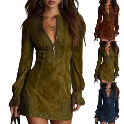 Женское замшевое платье с V-образным вырезом, на молнии, с кружевным длинным рукавом, однотонное, винтажное
