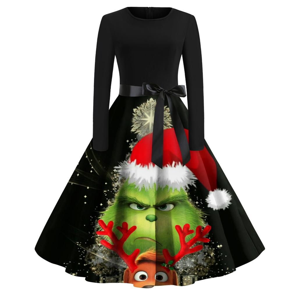 Женское модное повседневное платье с круглым вырезом и рождественским принтом и длинными рукавами