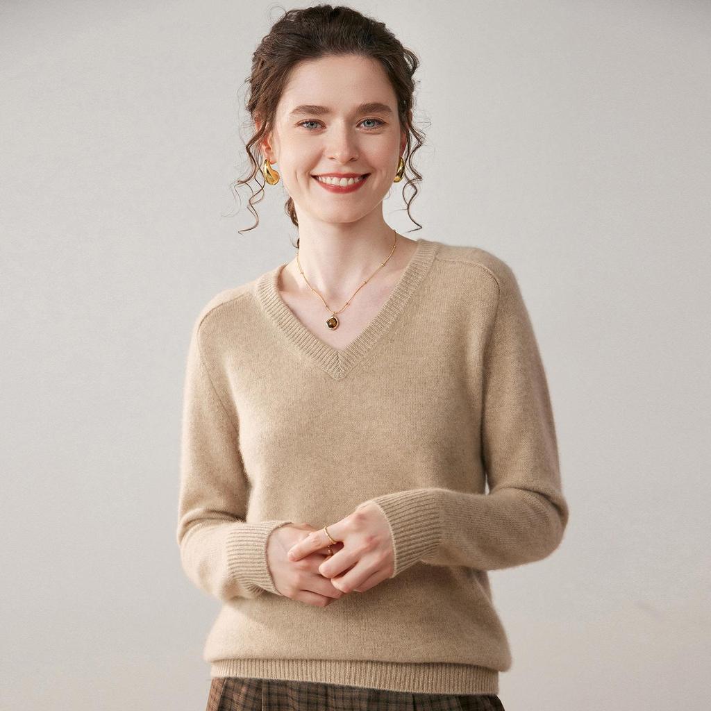 Women's V-Neck Loose Knit Cashmere Sweater - Autumn/Winter Style, Thick Long Sleeve, Slimming and Fashionable