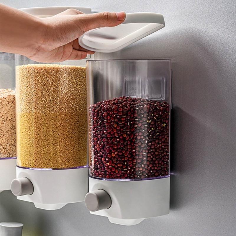Wall Mounted Automatic Rice Cereal Dispenser Plastic Transparent Grain Storage 667A