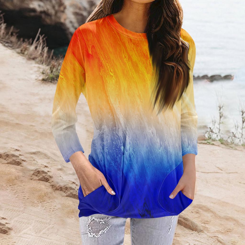 Женская модная повседневная футболка с карманом и круглым вырезом с рукавами 3/4 и топом