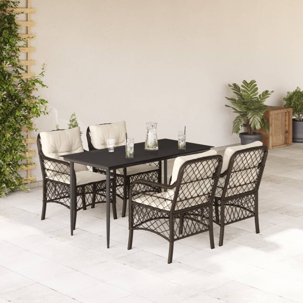 5 Piece Outdoor Dining Set with Cushions Brown Poly Rattan