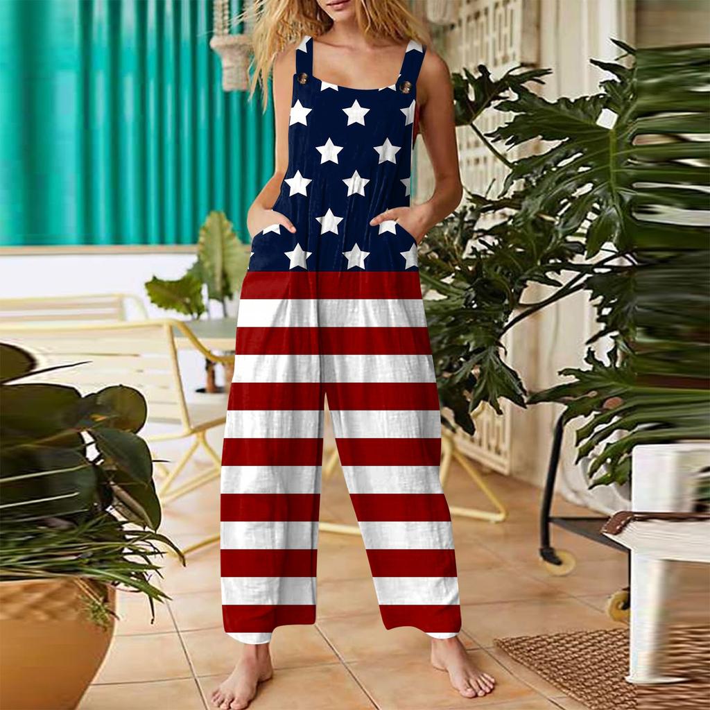 Женский модный комбинезон на пуговицах без рукавов с принтом ко Дню независимости