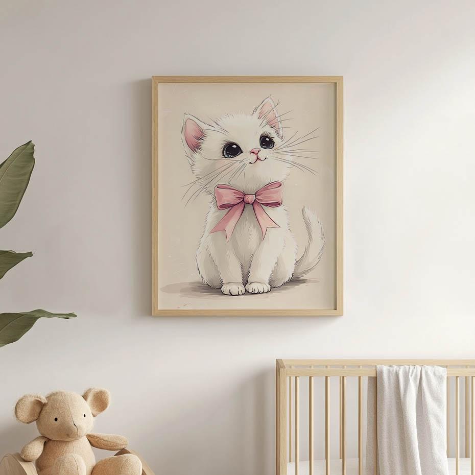 Plakat Urocza Kotek Z Różową Kokardką Plakat Urocza Kotek Z Różową Kokardką, 40X50 Cm, Rama Aluminiowa Złota, Papier Matowy 230 Gsm