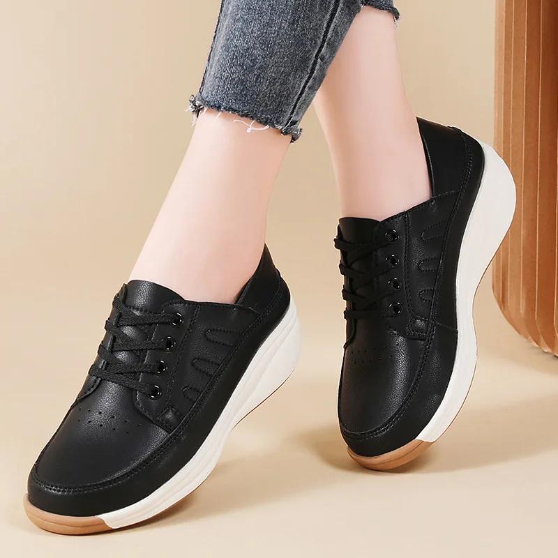 Platform Shoes Women's Sneakers 2025 New Single Shoe Wedges Casual Shoes Woman Lace Up Anti Slip Casual Shoes Zapatos De Mujer