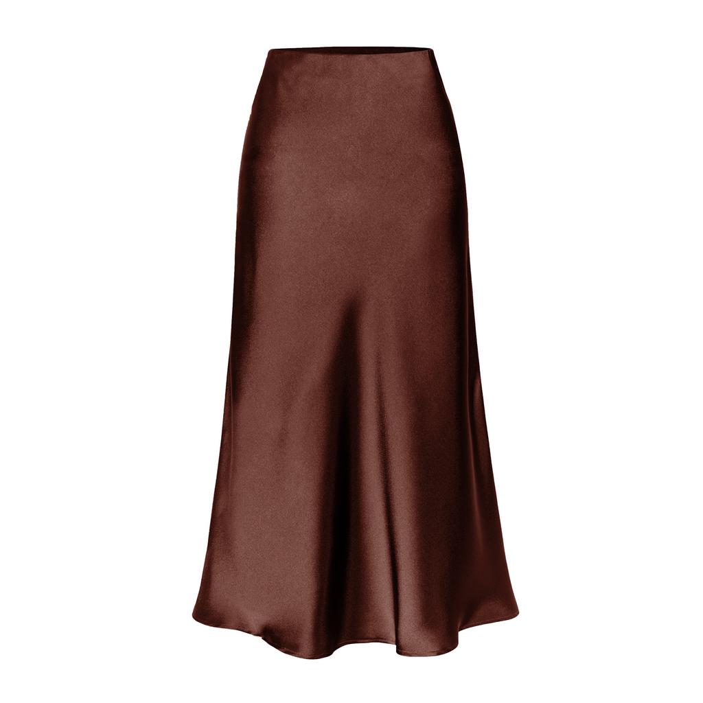 Womens Satin Silk High Waist Slit Midi Skirt Elastic Waistband Midi Skirts for Women