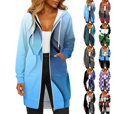 Женская модная толстовка с длинными рукавами, принтом, капюшоном на кулиске, карманом на молнии, длинная, повседневная