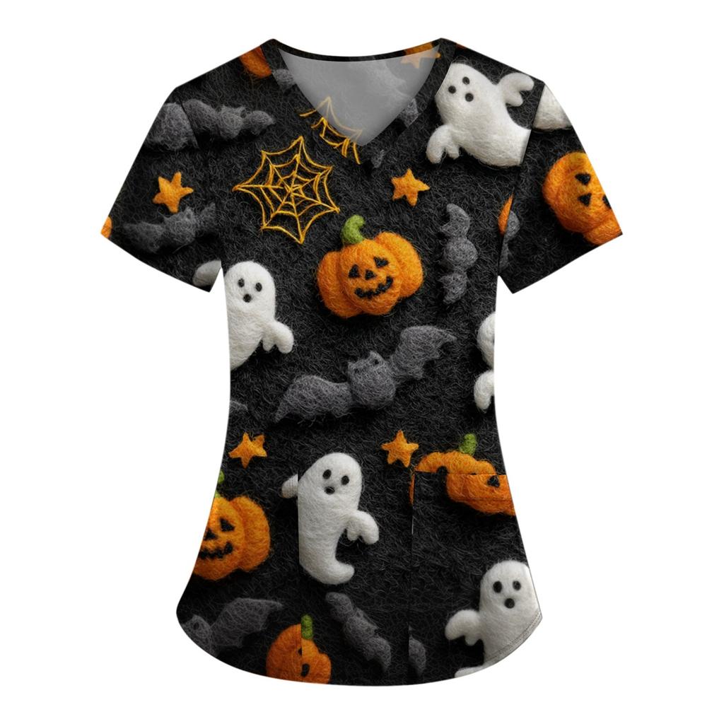 Плюс размерСкраб с принтом Рабочая форма Топы для женщин Крест V-образным вырезом Хэллоуин Принт с короткими рукавами Забавные футболки Спецодежда Футболка с карманами