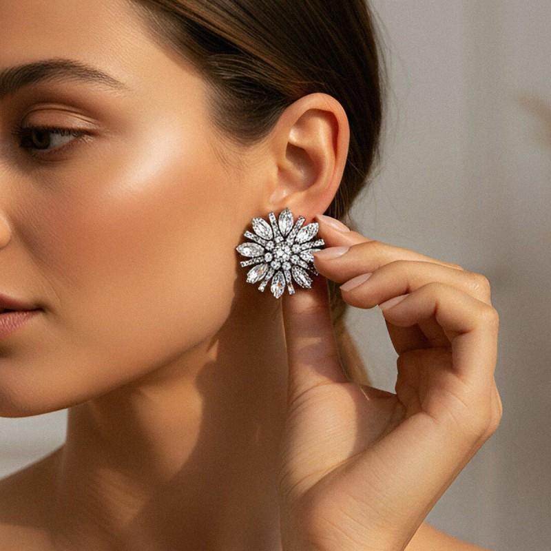 Elegant Floral Stud Earrings With Full Rhinestone Accents Zinc Alloy Lightweight Luxury Fashion Jewelry Women