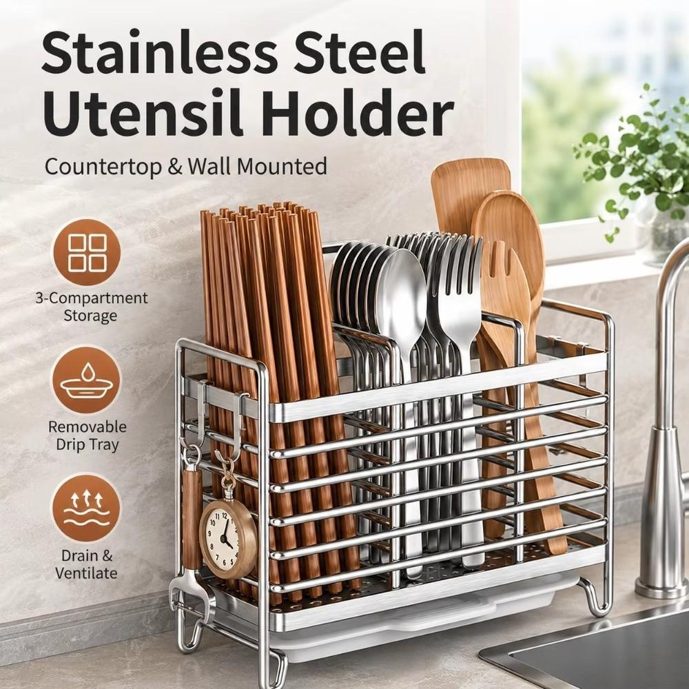 No-Drill Chopstick Holder Rack Stainless Steel Cutlery Rack Kitchen Cutlery Organizer