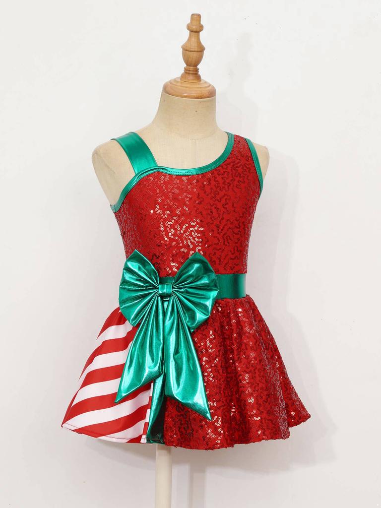 Kids Girls Sequins Christmas Dress Xmas New Year Dress Big Bow Stripe Stage Performance Santa Clause Party Dancewear