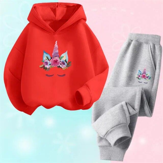 Хлопковый костюм с капюшоном из мультфильма единорога и пони для девочек, толстовки и штаны, комплект из двух предметов, весенне-осенняя спортивная одежда для детей 3-14 лет