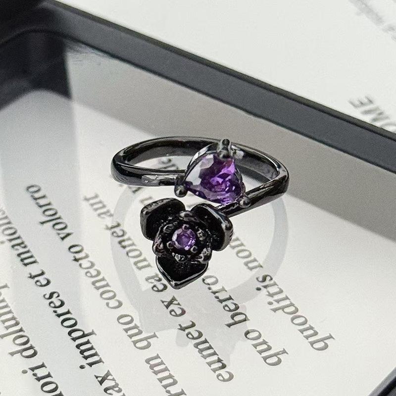 Винтажное кольцо с темной лозой, розово-фиолетовым бриллиантом, открытое кольцо-лепесток, нишевое, с высоким чувством стиля, простое кольцо