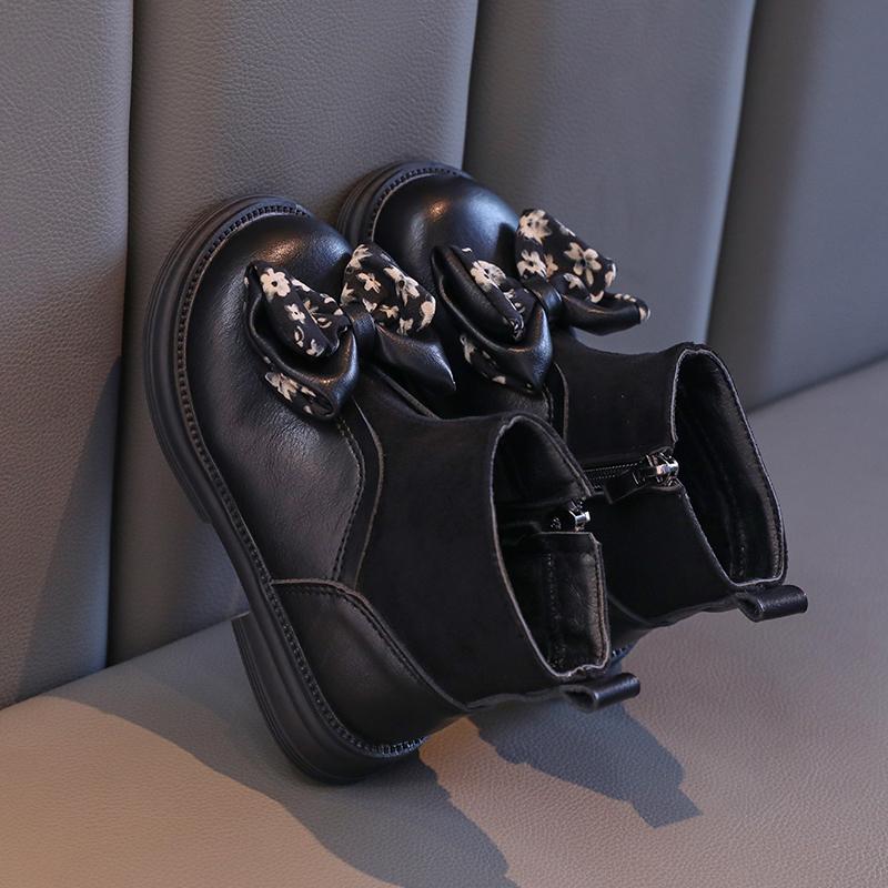 Новые Ботинки принцессы для девочек Милые детские ботильоны с бантом Весна Осень Модные шикарные детские короткие ботинки Лоскутная универсальная